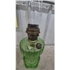 Image 3 : Two Aladdin Kerosene Lamps: Clear Glass and Green Glass, Both with Chimneys and Burners