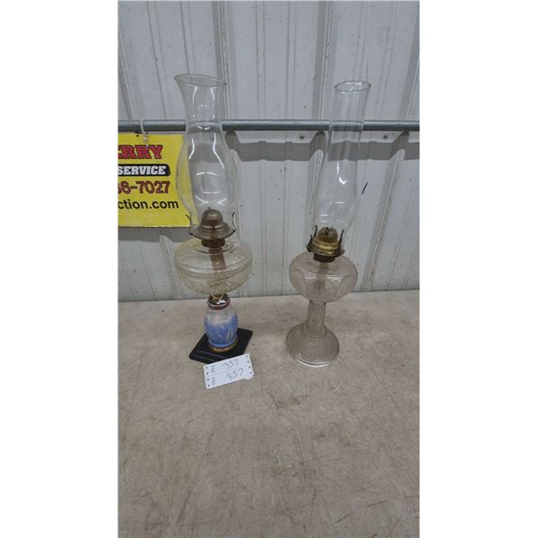 Two Kerosene Lamps: One parlour with Blue and White Painted Base, One Clear Glass Base