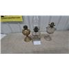 Image 1 : Three Oil Lamps: Brass Base Lamp, Clear Glass Lamp one with Chimney, and Clear Glass Lamp
