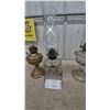 Image 4 : Three Oil Lamps: Brass Base Lamp, Clear Glass Lamp one with Chimney, and Clear Glass Lamp