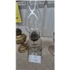 Image 6 : Three Oil Lamps: Brass Base Lamp, Clear Glass Lamp one with Chimney, and Clear Glass Lamp