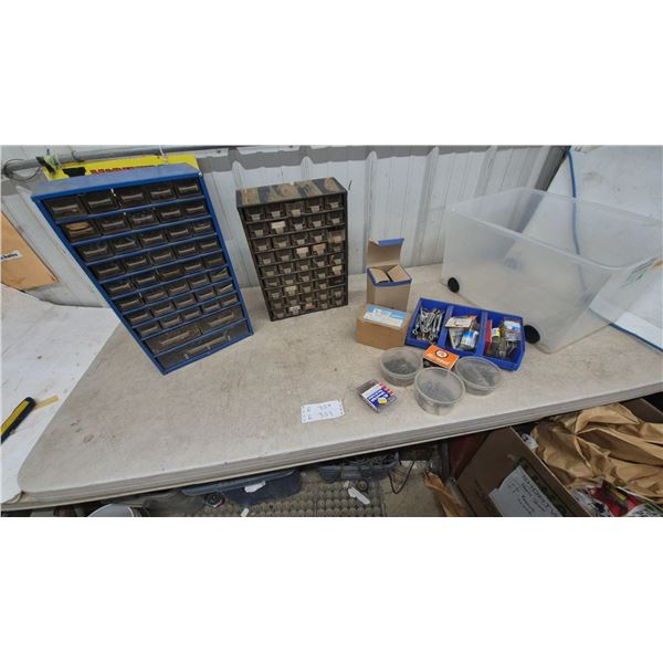 Two Multi-Drawer Small Parts Organizers, Clear Plastic Bins, and Assorted Hardware