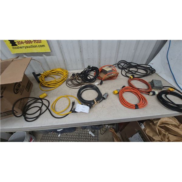 Assorted Extension Cords and Power Strips, Incl. Yellow, Black, and Orange Cords