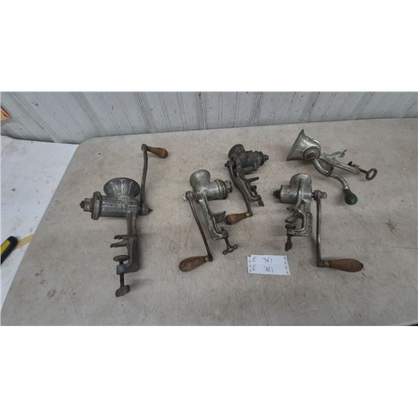 Lot of 5 Vintage Cast Iron Hand-Crank Meat Grinders, including Keen Kutter No. 10 and No. 12