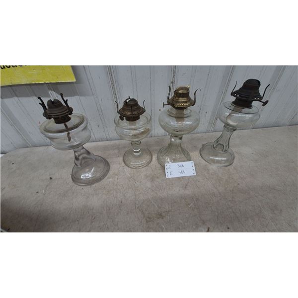 Four Clear Glass Oil Lamps with Metal Burners