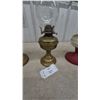 Image 5 : Three Oil Lamps: 1 Brass Base and Clear Glass Font, 1 Brass Base and Clear Glass Font, 1 Red Base.