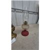 Image 6 : Three Oil Lamps: 1 Brass Base and Clear Glass Font, 1 Brass Base and Clear Glass Font, 1 Red Base.