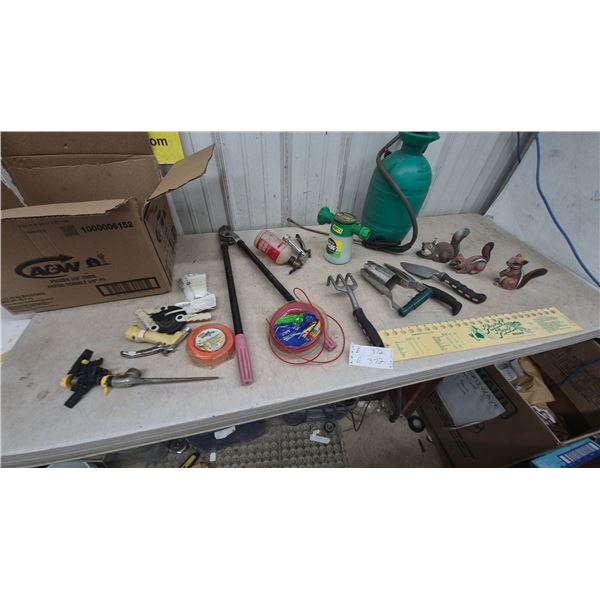 Garden Tools and Squirrel Figurines: Sprayer, Trowels, Rake, Shovel