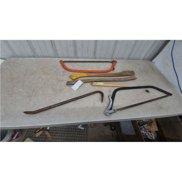 Bow Saw, Crowbar, and 3 Axe Handles