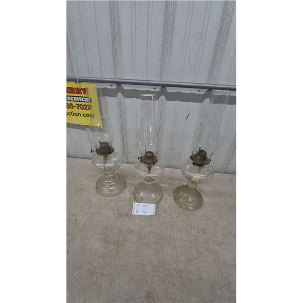 Three Clear Glass Kerosene Lamps with Chimneys and Burners