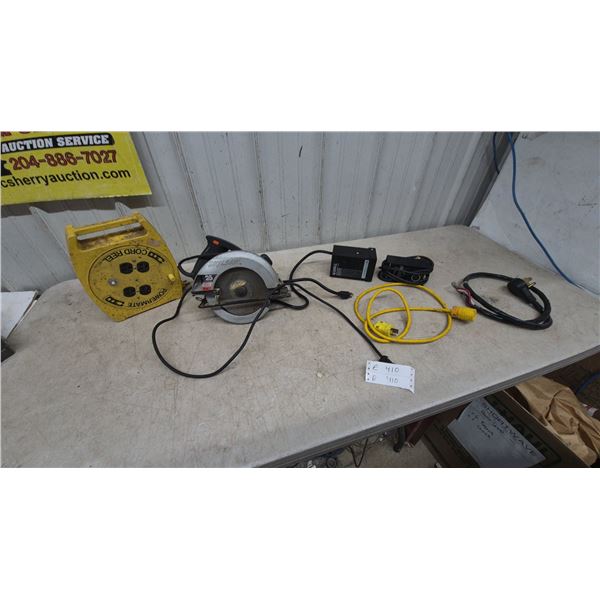 Skilsaw 7-1/4” Circular Saw, Powermate Cord Reel, and Assorted Power Cords and Timers