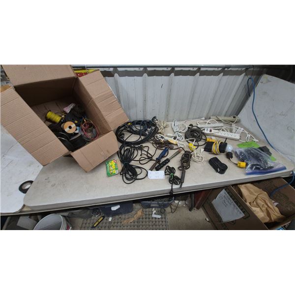 Assorted Electrical and Soldering Tools: Box of Wire Spools, Power Strips, Soldering Irons