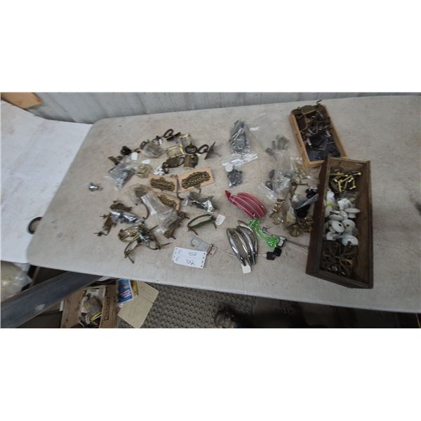 Assorted Vintage Cabinet and Door Hardware: Brass Handles, White Ceramic Knobs, Locks