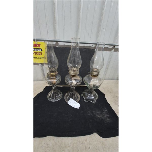 Three Clear Glass Kerosene Lamps with Chimneys and Wicks