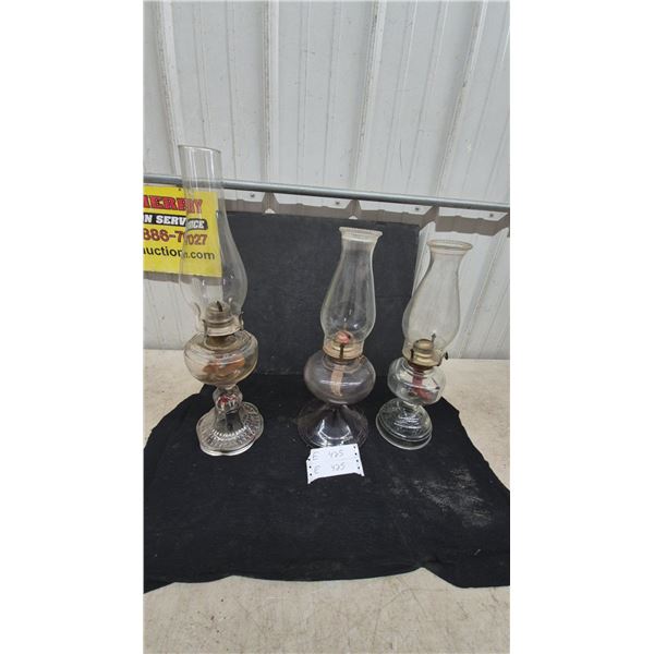 Three Clear Glass Kerosene Lamps with Chimneys and Wicks