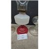 Image 3 : Three Oil Lamps: Clear Glass, Red and White Glass, and Frosted Glass