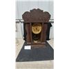 Image 1 : Carved Wood. Gingerbread Mantle Clock with Brass Face and Pendulum, front glass gone