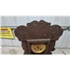 Image 2 : Carved Wood. Gingerbread Mantle Clock with Brass Face and Pendulum, front glass gone