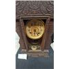 Image 3 : Carved Wood. Gingerbread Mantle Clock with Brass Face and Pendulum, front glass gone