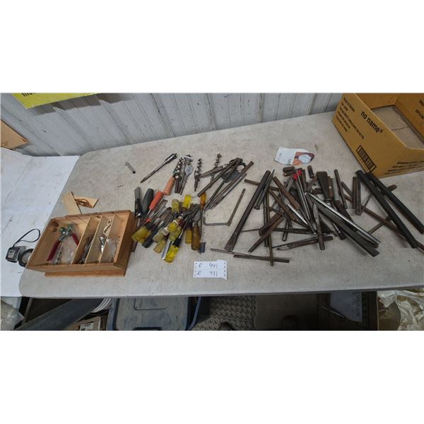 Assorted Chisels, Drills, Punches, Screwdrivers, and Eyelet Pliers in Wood Box
