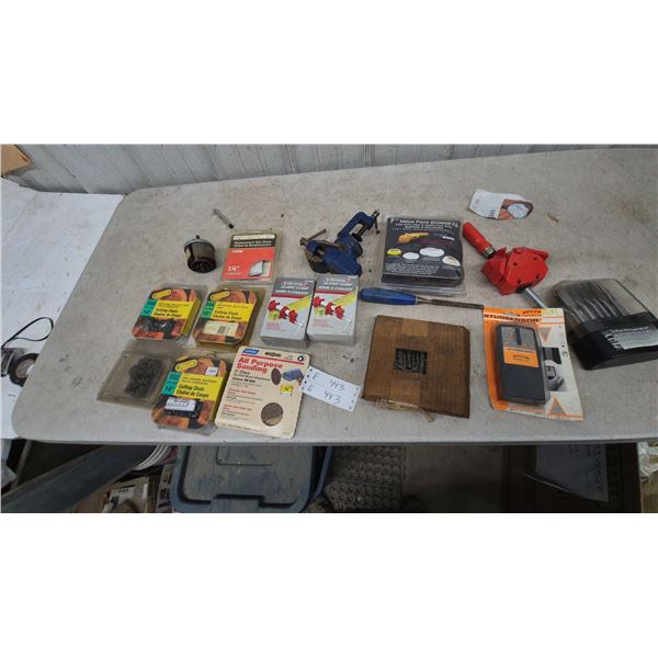 Bench Vise, 7” Value Pack Bonnets, Studsensor, 15-Piece Wood Spade Bit Set, and More chain saw