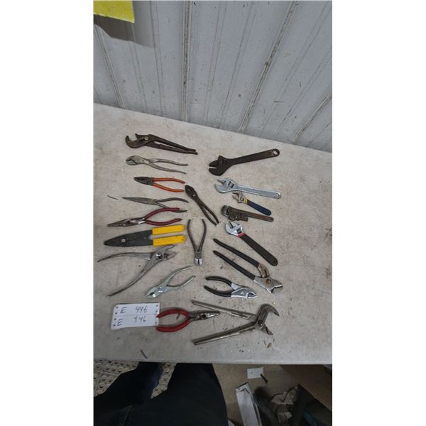 Assorted Pliers and Wrenches: Channel Lock, Needle Nose, Adjustable, Pipe