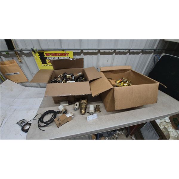 Two Boxes of Lamp Sockets and Parts, Brass Sockets, Wiring, and More. Most Vintage