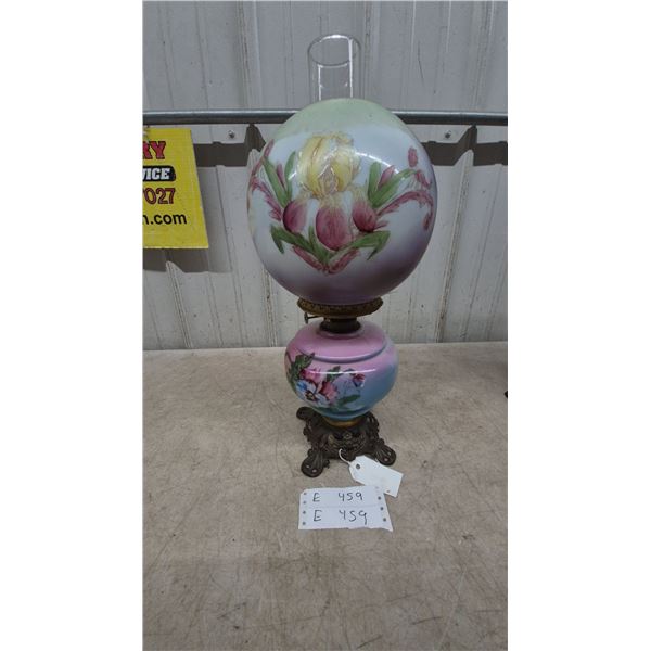 Hand-Painted Gone With the Wind Lamp with Iris and Pansy Floral Designs, Glass Chimney