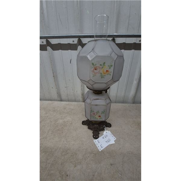 Antique Oil Lamp with Frosted and Painted Floral Glass Shades, Glass Chimney, and Ornate Metal Base
