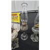 Image 6 : 4 Clear Glass Oil Lamps with Chimneys and Brass Burners.