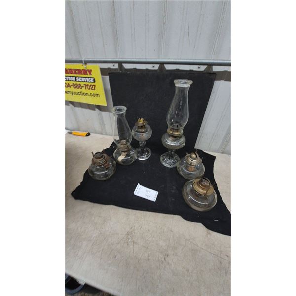 Assorted Kerosene Lamps: 2 Tall Glass Lamps with Chimneys and Burners, 4 Small Glass Lamps and