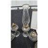 Image 2 : Assorted Kerosene Lamps: 2 Tall Glass Lamps with Chimneys and Burners, 4 Small Glass Lamps and