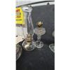 Image 4 : Assorted Kerosene Lamps: 2 Tall Glass Lamps with Chimneys and Burners, 4 Small Glass Lamps and