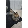 Image 6 : Assorted Kerosene Lamps: 2 Tall Glass Lamps with Chimneys and Burners, 4 Small Glass Lamps and