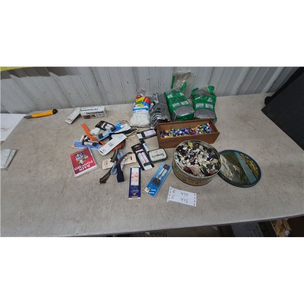 Assorted Craft and Household Lot: Beads, Buttons, Steel Wool, Shoelaces