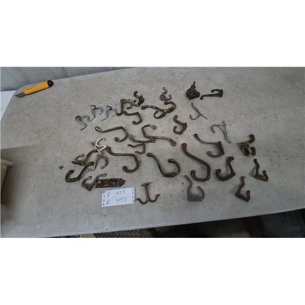 Assorted Vintage and Antique Hooks: Cast Iron, Brass, and Steel Coat Hooks