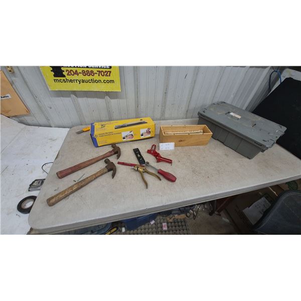 Ceramic Tile Cutter, 2 Hammers, Level, Pliers, Red Clamp, and Wood Box of Metal Pieces