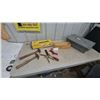 Image 1 : Ceramic Tile Cutter, 2 Hammers, Level, Pliers, Red Clamp, and Wood Box of Metal Pieces