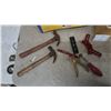 Image 2 : Ceramic Tile Cutter, 2 Hammers, Level, Pliers, Red Clamp, and Wood Box of Metal Pieces