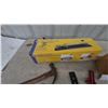 Image 4 : Ceramic Tile Cutter, 2 Hammers, Level, Pliers, Red Clamp, and Wood Box of Metal Pieces