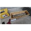Image 5 : Ceramic Tile Cutter, 2 Hammers, Level, Pliers, Red Clamp, and Wood Box of Metal Pieces