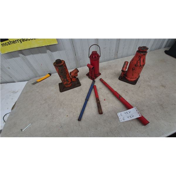 Three Hydraulic Bottle Jacks, Three Jack Handles