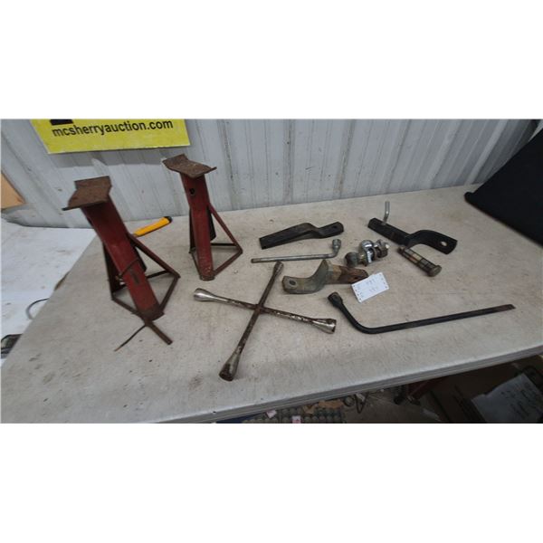 Pair of Jack Stands, Cross Wrench, Trailer Hitch Balls