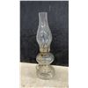 Image 2 : Three Clear Glass Antique Oil Lamps with Finger Handles and Glass Chimneys