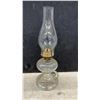 Image 3 : Three Clear Glass Antique Oil Lamps with Finger Handles and Glass Chimneys