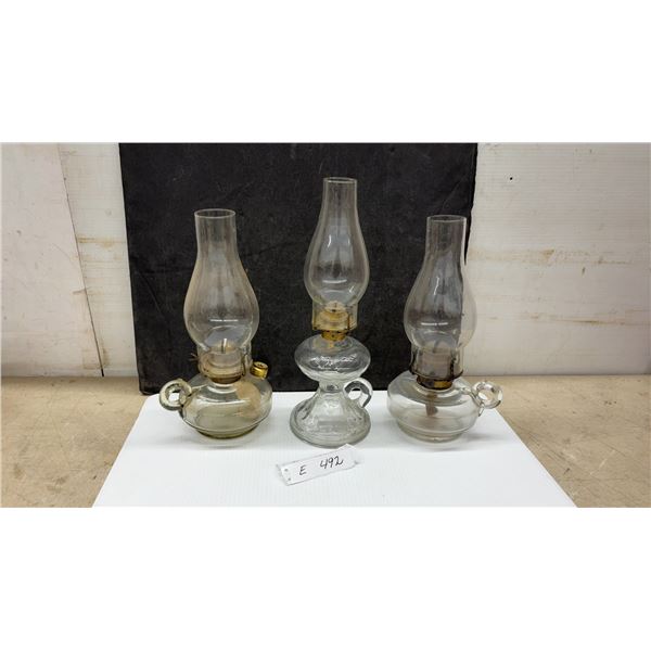 Three Vintage Clear Glass Kerosene Oil Finger Lamps With Brass Burners and Chimneys