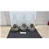 Image 1 : Three Clear Glass Kerosene Oil Finger Lamps with Chimneys and Brass Caps