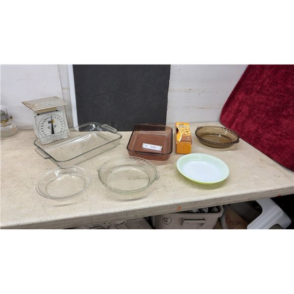 Vintage Hanson Utility Scale, Pyrex Baking Dishes, Glass Pie Plates, Baker's Secret Bakeware
