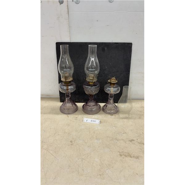 Three Antique Purple-Tinted Glass Kerosene Oil Lamps With Chimneys, Late 19th/Early 20th Century