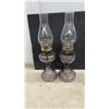 Image 4 : Three Antique Purple-Tinted Glass Kerosene Oil Lamps With Chimneys, Late 19th/Early 20th Century